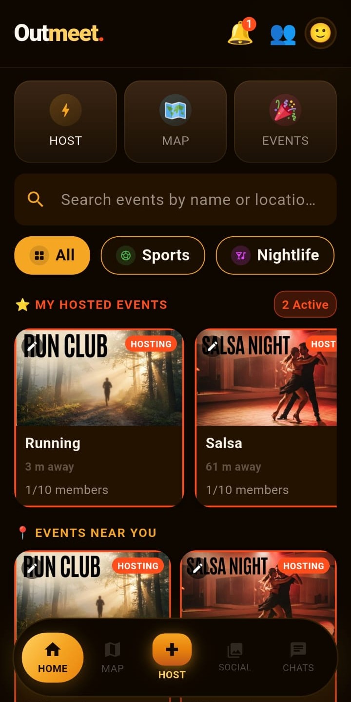 Outmeet home screen with events near you